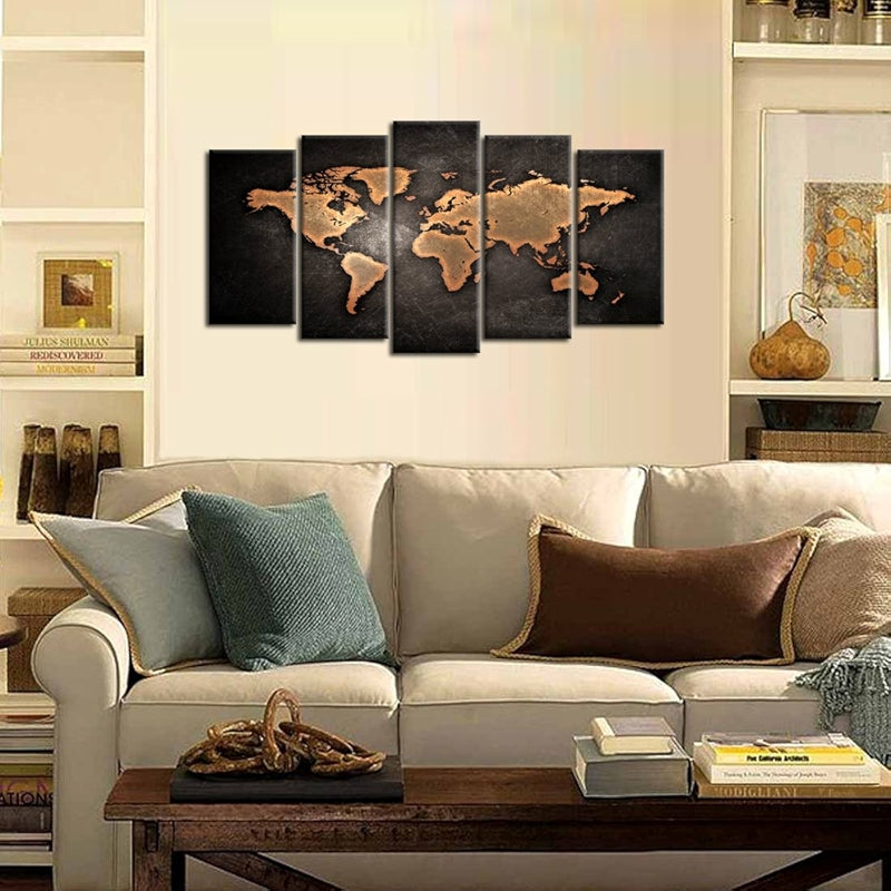 Retro World Map Poster Framed Canvas Art Prints Set