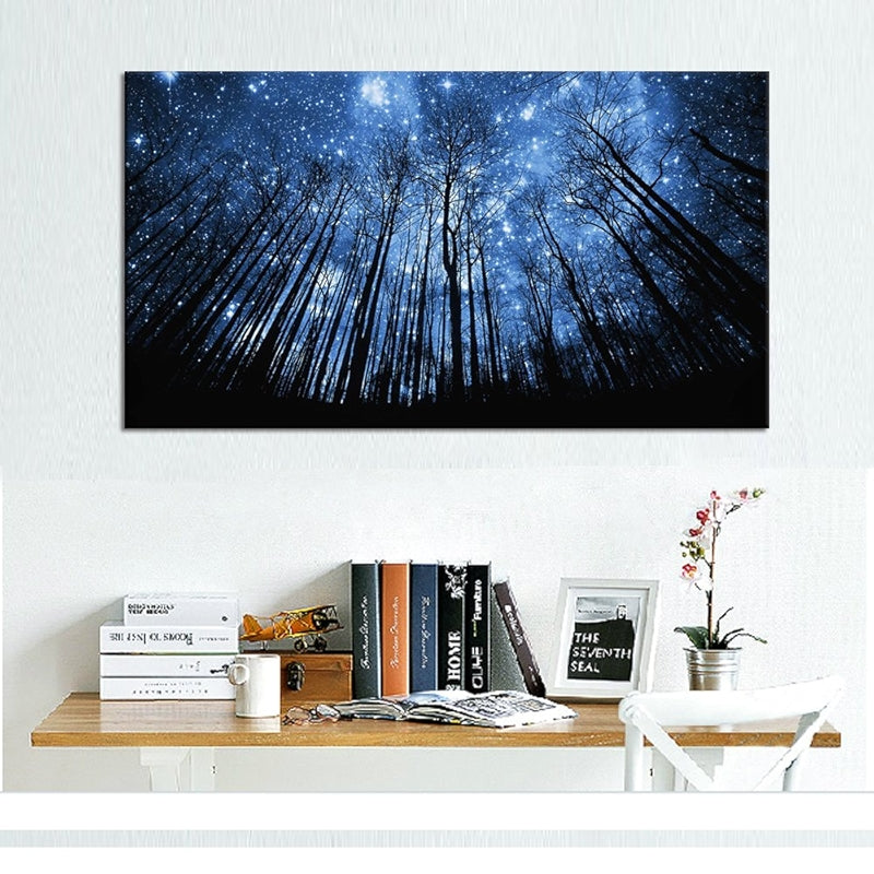 Visual Art Decor Blue Starry Night Forest Tree Canvas Wall Art