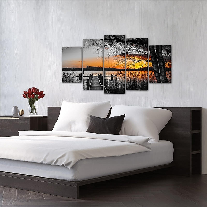 5 Piece Black And White Canvas Wall Art Golden Sunset Lake