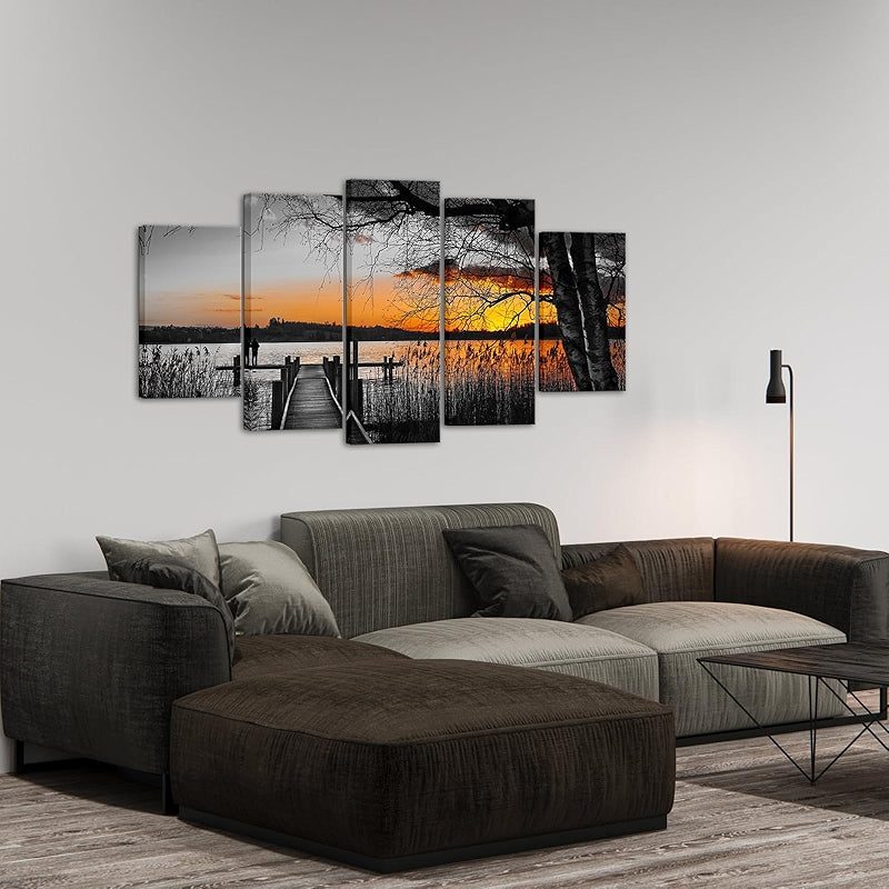 5 Piece Black And White Canvas Wall Art Golden Sunset Lake