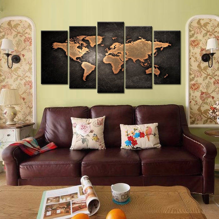 Retro World Map Poster Framed Canvas Art Prints Set