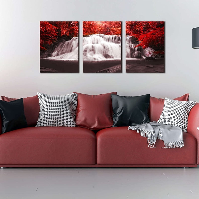 Waterfall Wall Art Painting Black White Red Landscape Canvas Set