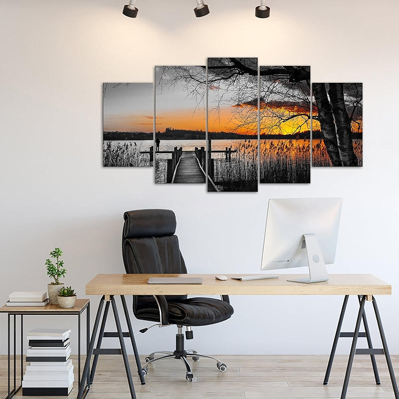 5 Piece Black And White Canvas Wall Art Golden Sunset Lake