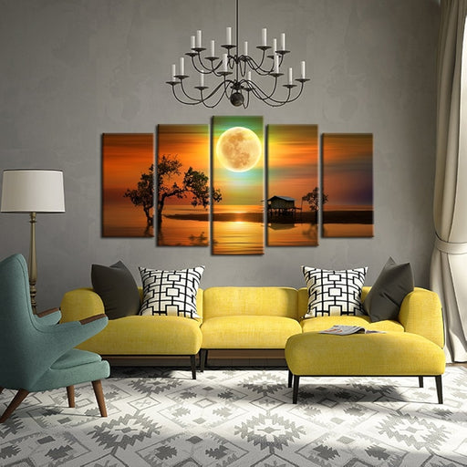 Canvas Wall Art 5 Piece Silent Night Full Moon Paintings