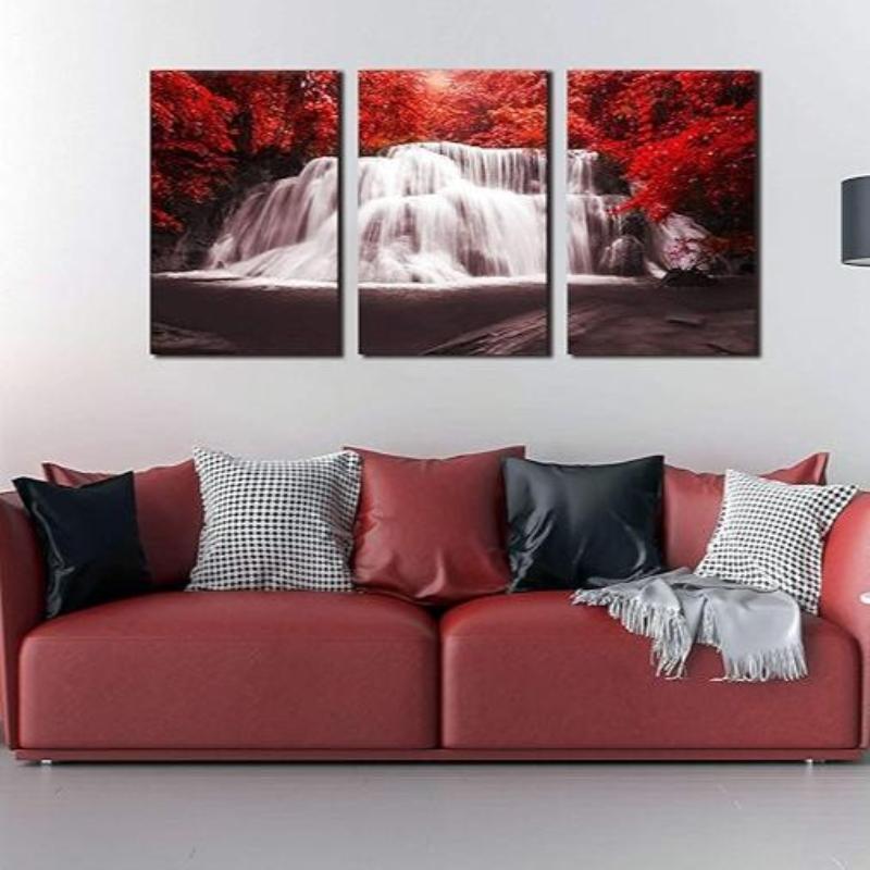 Waterfall Wall Art Painting Black White Red Landscape Canvas Set