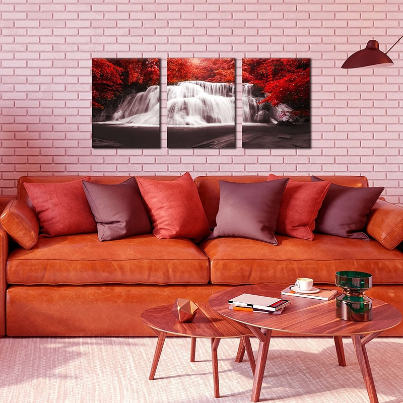 Waterfall Wall Art Painting Black White Red Landscape Canvas Set