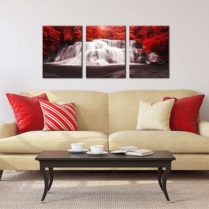 Waterfall Wall Art Painting Black White Red Landscape Canvas Set