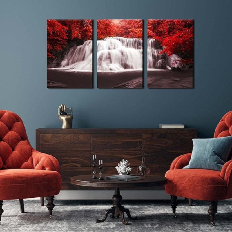 Waterfall Wall Art Painting Black White Red Landscape Canvas Set