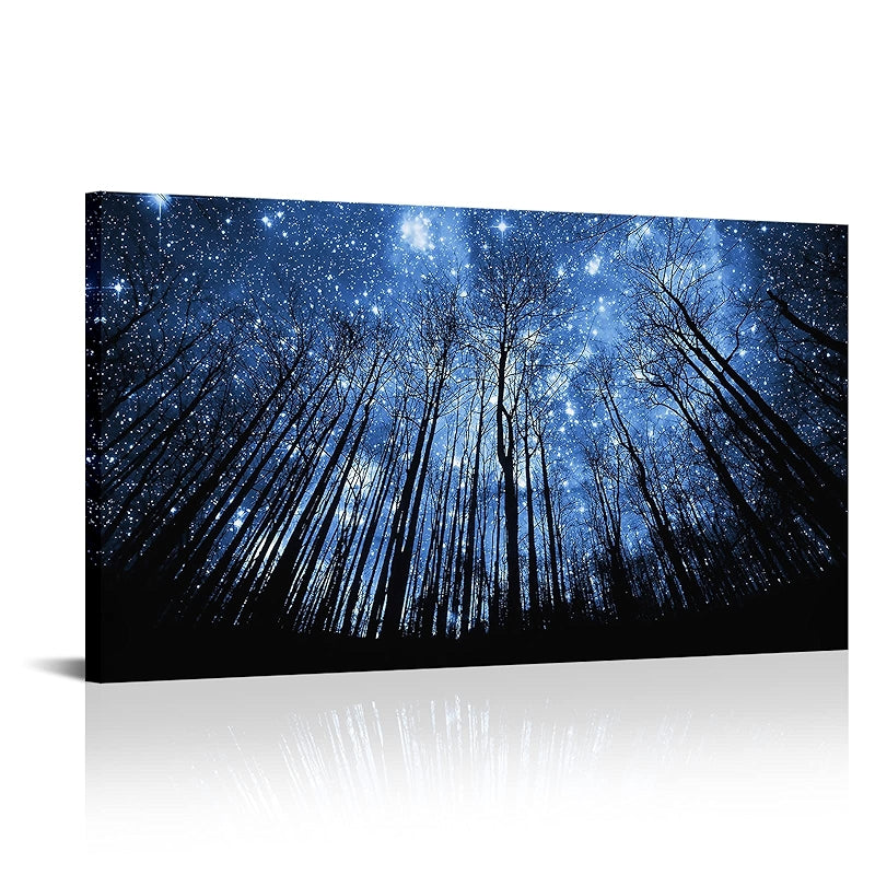 Visual Art Decor Blue Starry Night Forest Tree Canvas Wall Art