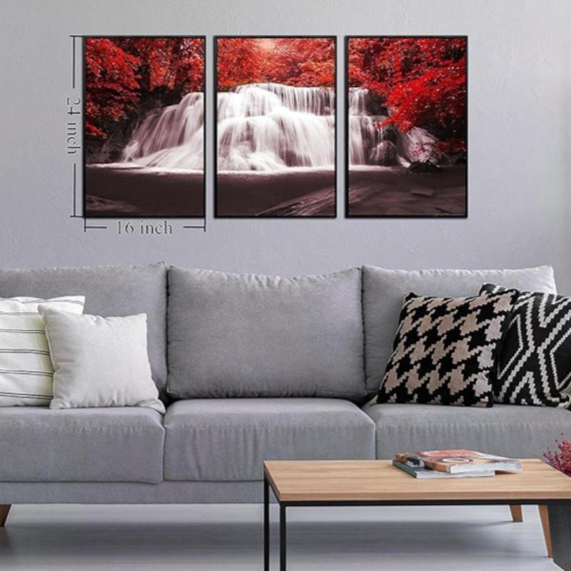 Waterfall Wall Art Painting Black White Red Landscape Canvas Set