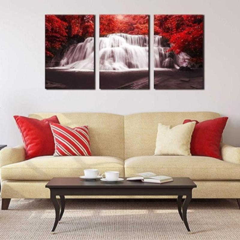 Waterfall Wall Art Painting Black White Red Landscape Canvas Set