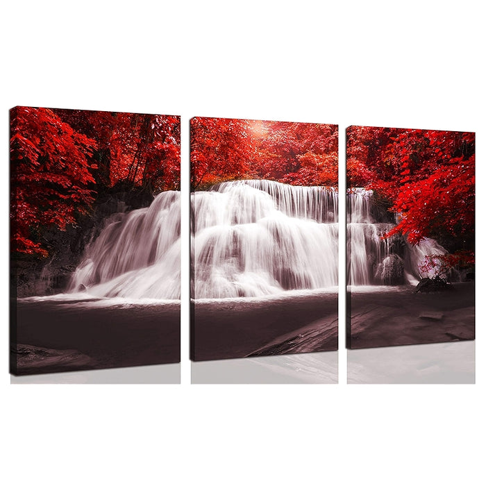 Waterfall Wall Art Painting Black White Red Landscape Canvas Set