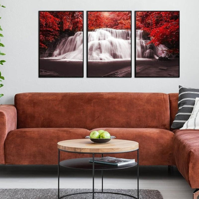 Waterfall Wall Art Painting Black White Red Landscape Canvas Set