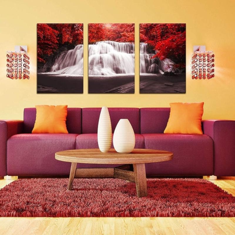 Waterfall Wall Art Painting Black White Red Landscape Canvas Set