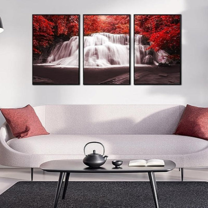 Waterfall Wall Art Painting Black White Red Landscape Canvas Set