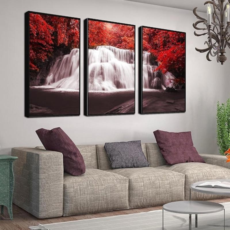 Waterfall Wall Art Painting Black White Red Landscape Canvas Set