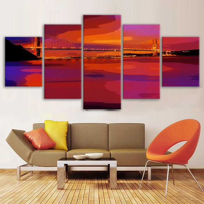 Golden Gate Bridge 5 Piece HD Multi Panel Canvas Wall Art Frame - Original Frame