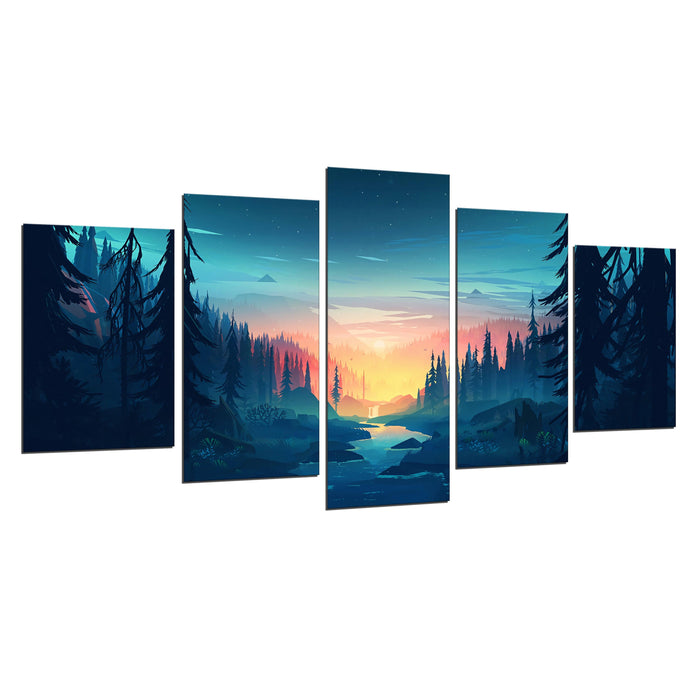 Forest Sunset 5 Piece HD Multi Panel Canvas Wall Art Frame - Original Frame