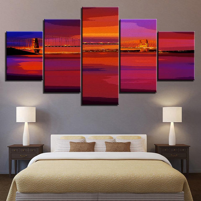 The Bridge´s Sunset 5 Piece HD Multi Panel Canvas Wall Art Frame - Original Frame