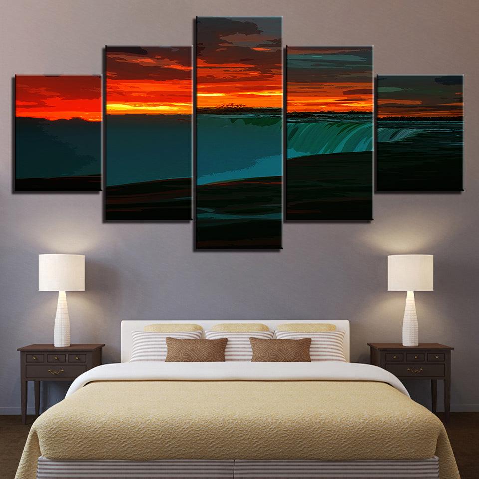 An Orange Sunrise At The Waterfall 5 Piece HD Multi Panel Canvas Wall Art Frame - Original Frame