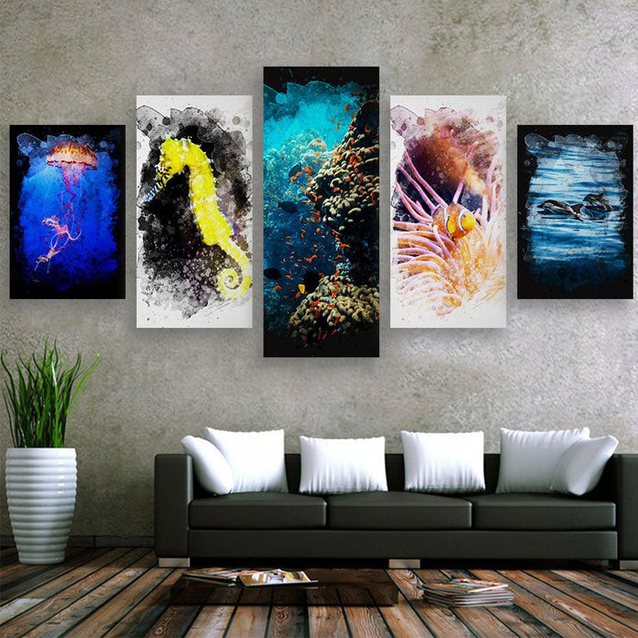 Sea Creatures 5 Piece HD Multi Panel Canvas Wall Art Frame - Original Frame