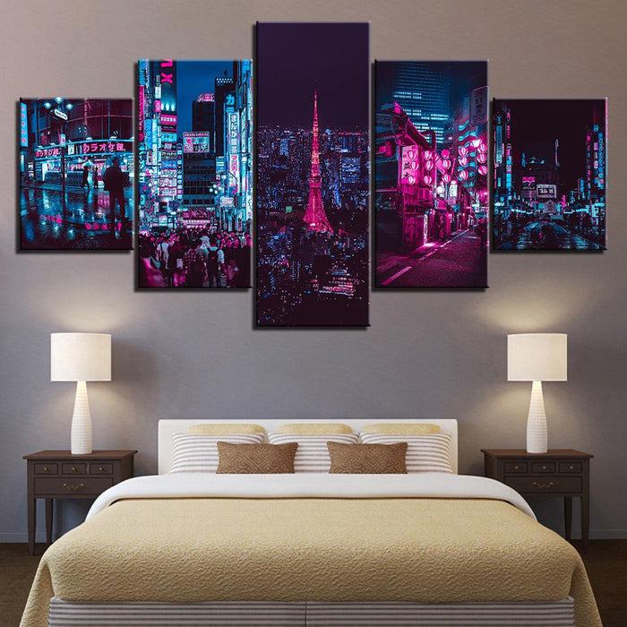 The Neon City Light 5 Piece HD Multi Panel Canvas Wall Art Frame - Original Frame