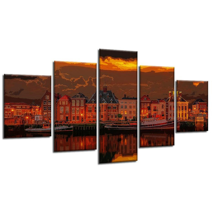 Netherlands Port 5 Piece HD Multi Panel Canvas Wall Art Frame - Original Frame