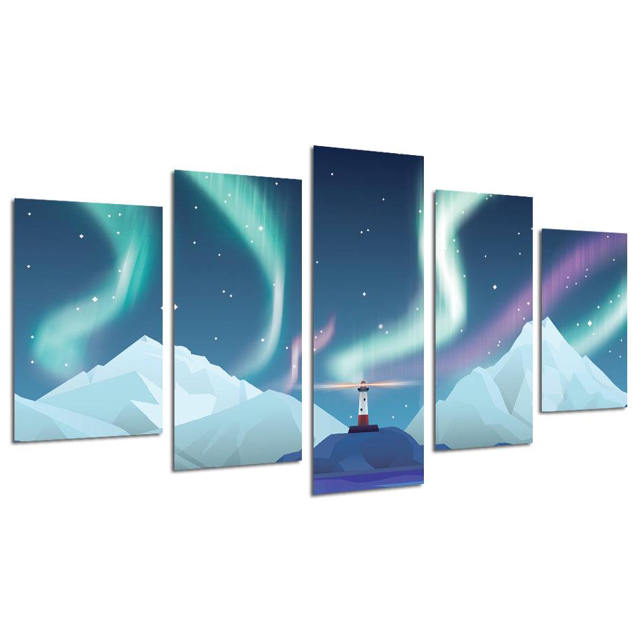 Aurora Lighthouse 5 Piece HD Multi Panel Canvas Wall Art Frame - Original Frame