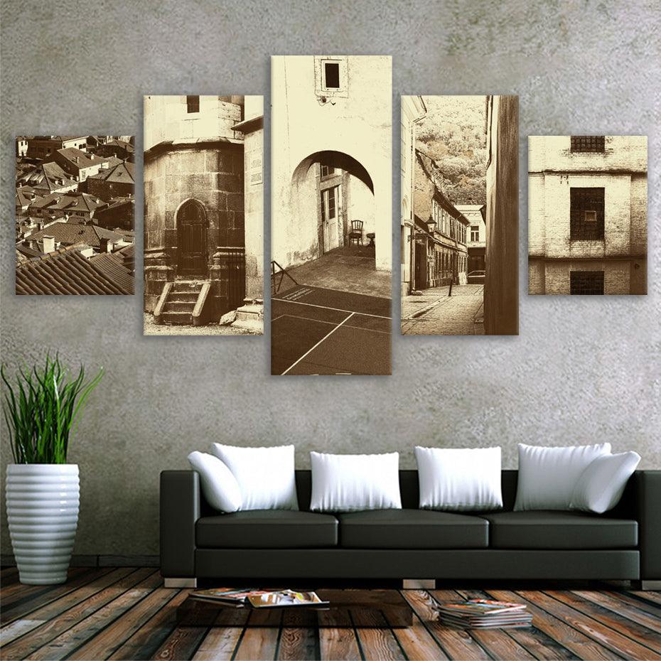 Vintage Streets Of Europe 5 Piece HD Multi Panel Canvas Wall Art Frame - Original Frame