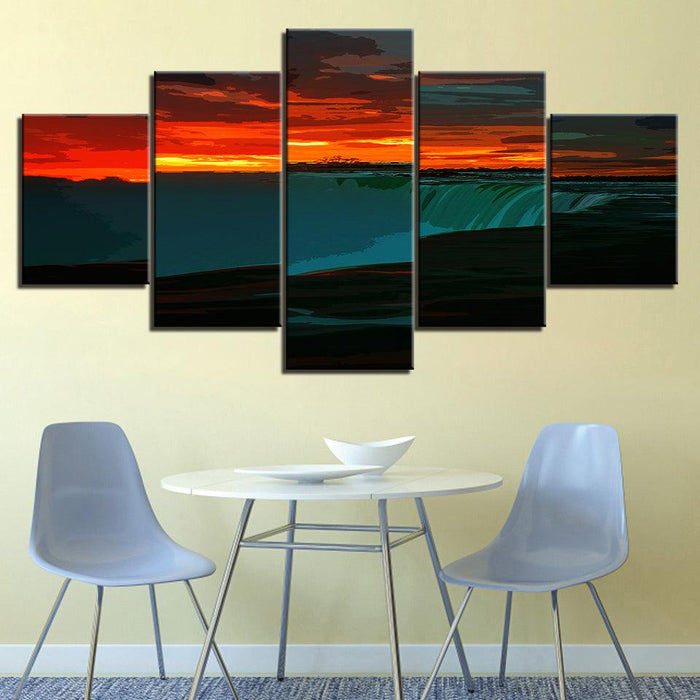 An Orange Sunrise At The Waterfall 5 Piece HD Multi Panel Canvas Wall Art Frame - Original Frame