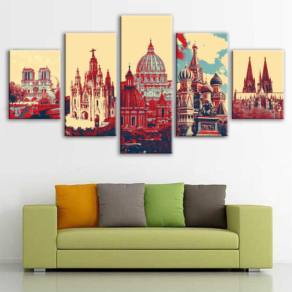 Famous Cathedrals Of Europe 5 Piece HD Multi Panel Canvas Wall Art Frame - Original Frame