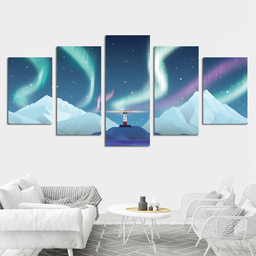 Aurora Lighthouse 5 Piece HD Multi Panel Canvas Wall Art Frame - Original Frame