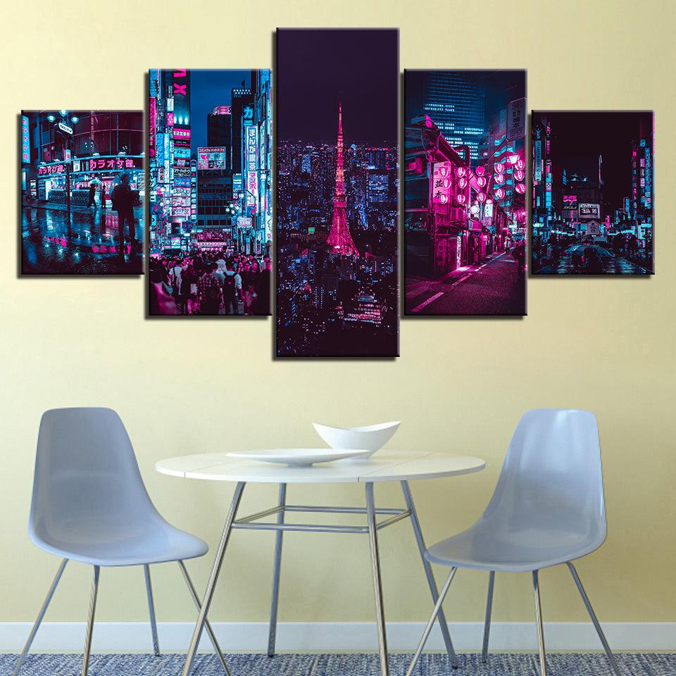 The Neon City Light 5 Piece HD Multi Panel Canvas Wall Art Frame - Original Frame