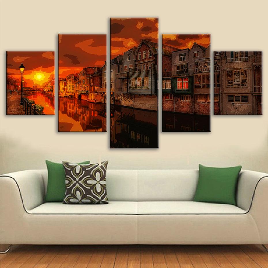 Sunset In Netherlands 5 Piece HD Multi Panel Canvas Wall Art Frame - Original Frame