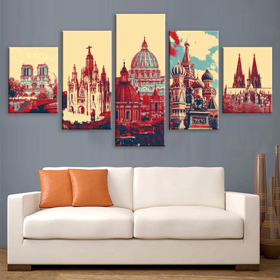 Famous Cathedrals Of Europe 5 Piece HD Multi Panel Canvas Wall Art Frame - Original Frame