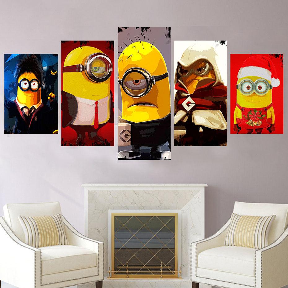 Adorable Yellow Minions 5 Piece HD Multi Panel Canvas Wall Art Frame - Original Frame