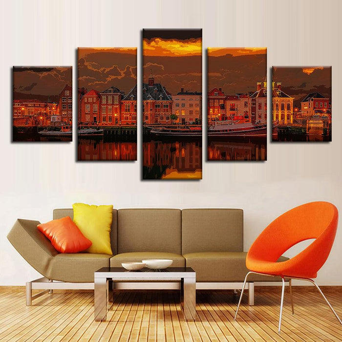 Netherlands Port 5 Piece HD Multi Panel Canvas Wall Art Frame - Original Frame