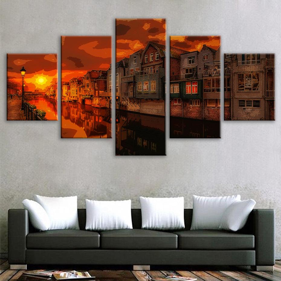 Sunset In Netherlands 5 Piece HD Multi Panel Canvas Wall Art Frame - Original Frame