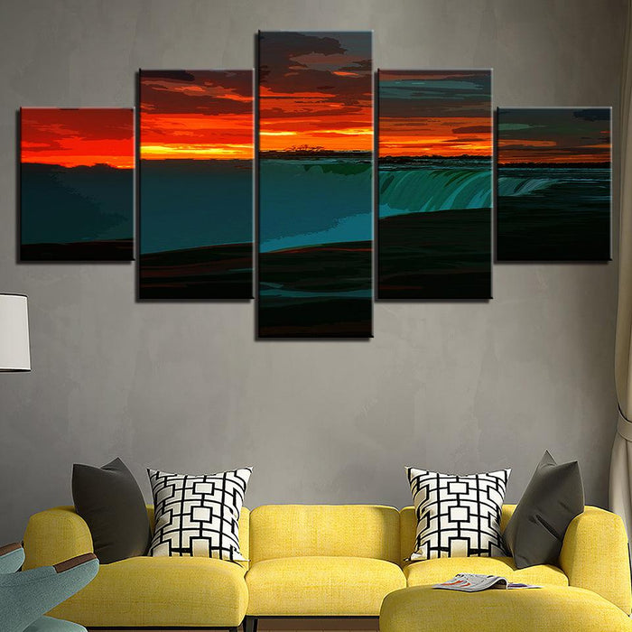 An Orange Sunrise At The Waterfall 5 Piece HD Multi Panel Canvas Wall Art Frame - Original Frame