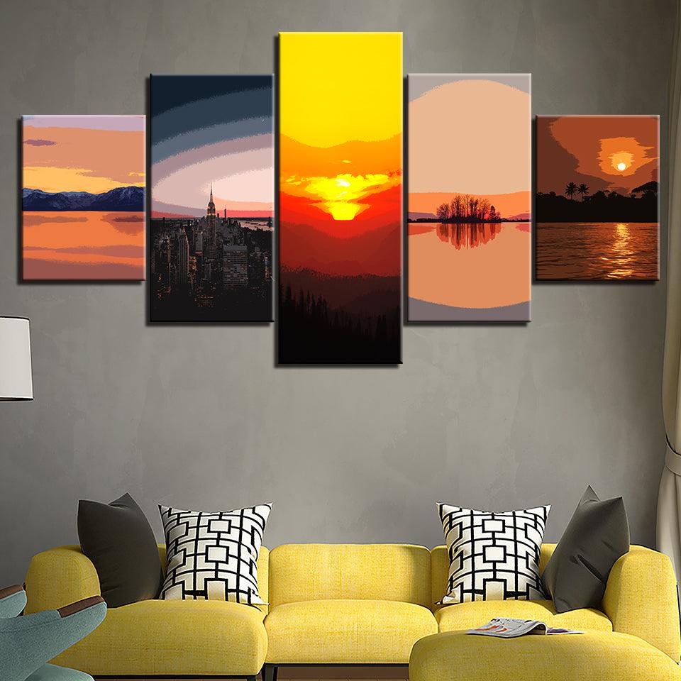 Different Sunsets Collection 5 Piece HD Multi Panel Canvas Wall Art Frame - Original Frame