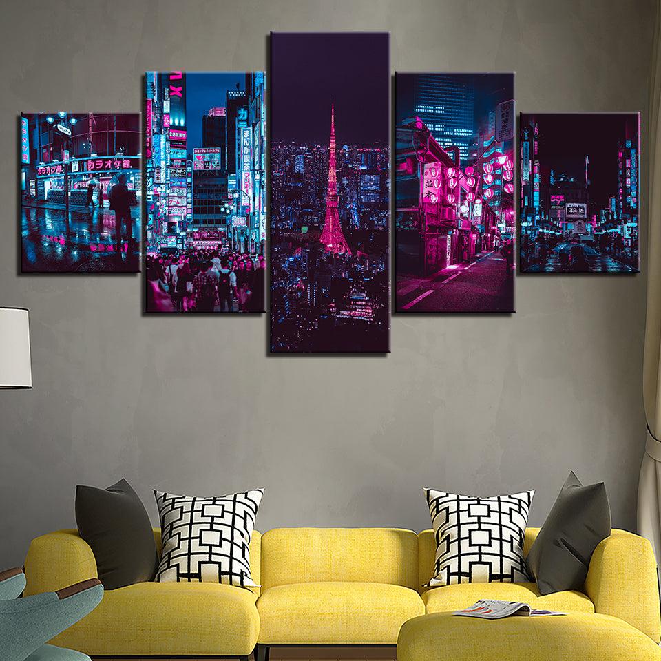 The Neon City Light 5 Piece HD Multi Panel Canvas Wall Art Frame - Original Frame