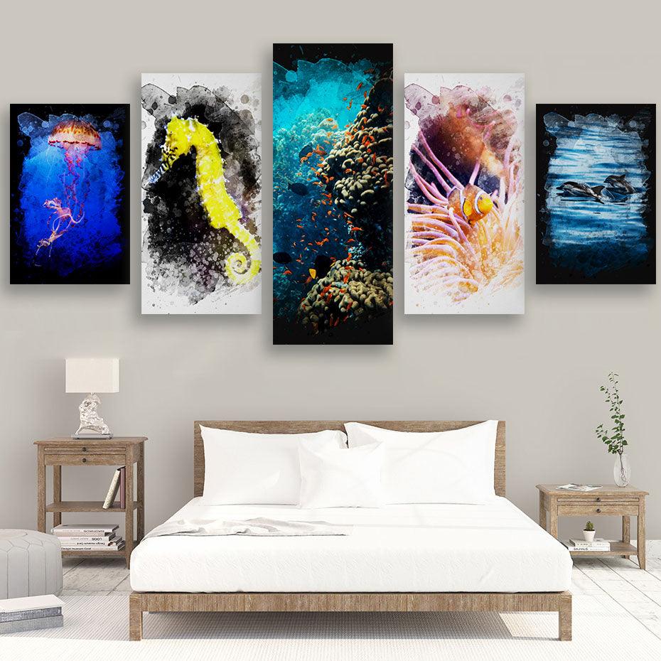 Sea Creatures 5 Piece HD Multi Panel Canvas Wall Art Frame - Original Frame