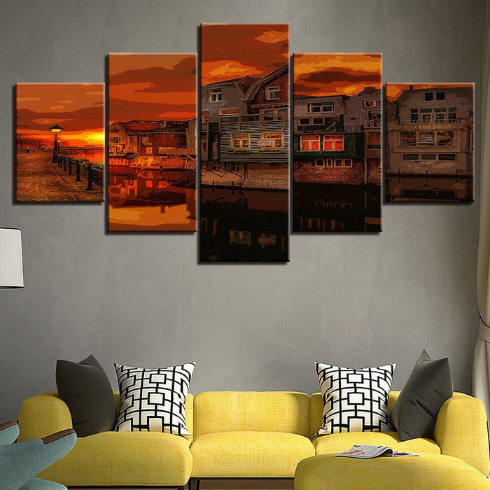 An Orange Evening In Town Collection 5 Piece HD Multi Panel Canvas Wall Art Frame - Original Frame