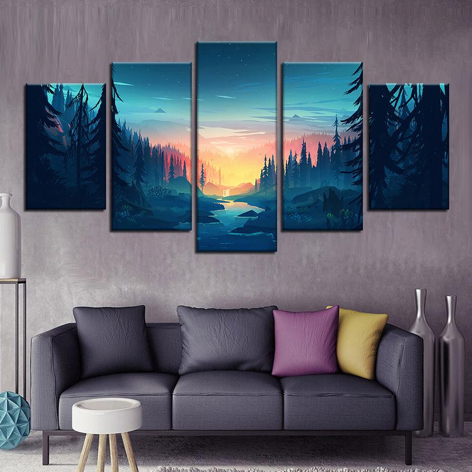 Forest Sunset 5 Piece HD Multi Panel Canvas Wall Art Frame - Original Frame