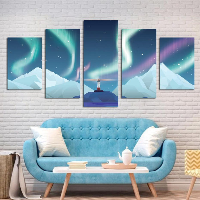 Aurora Lighthouse 5 Piece HD Multi Panel Canvas Wall Art Frame - Original Frame