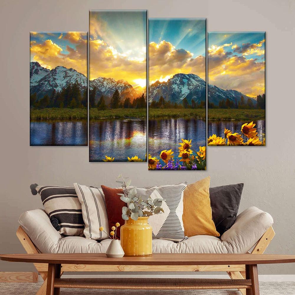 4 Pieces Landscape Mountain Lake Canvas Painting - Original Frame