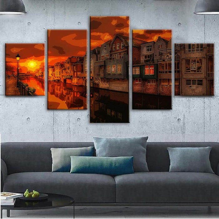 Sunset In Netherlands 5 Piece HD Multi Panel Canvas Wall Art Frame - Original Frame