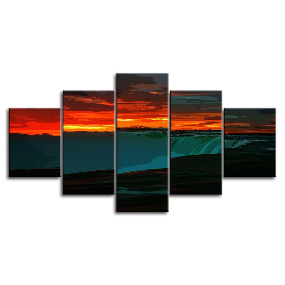 An Orange Sunrise At The Waterfall 5 Piece HD Multi Panel Canvas Wall Art Frame - Original Frame