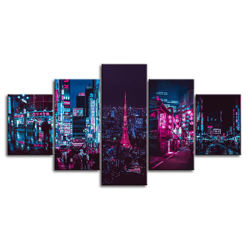 The Neon City Light 5 Piece HD Multi Panel Canvas Wall Art Frame - Original Frame