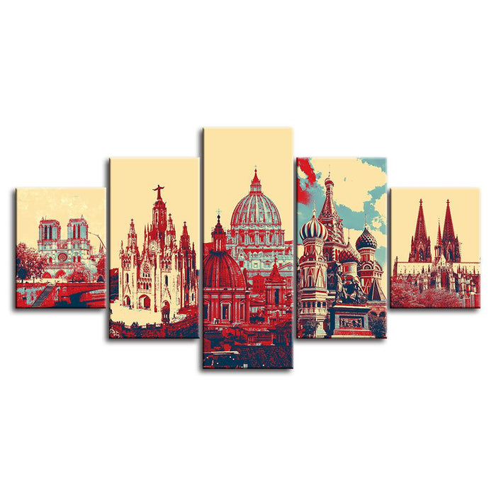 Blue And Red Landscapes Collection 5 Piece HD Multi Panel Canvas Wall Art Frame - Original Frame